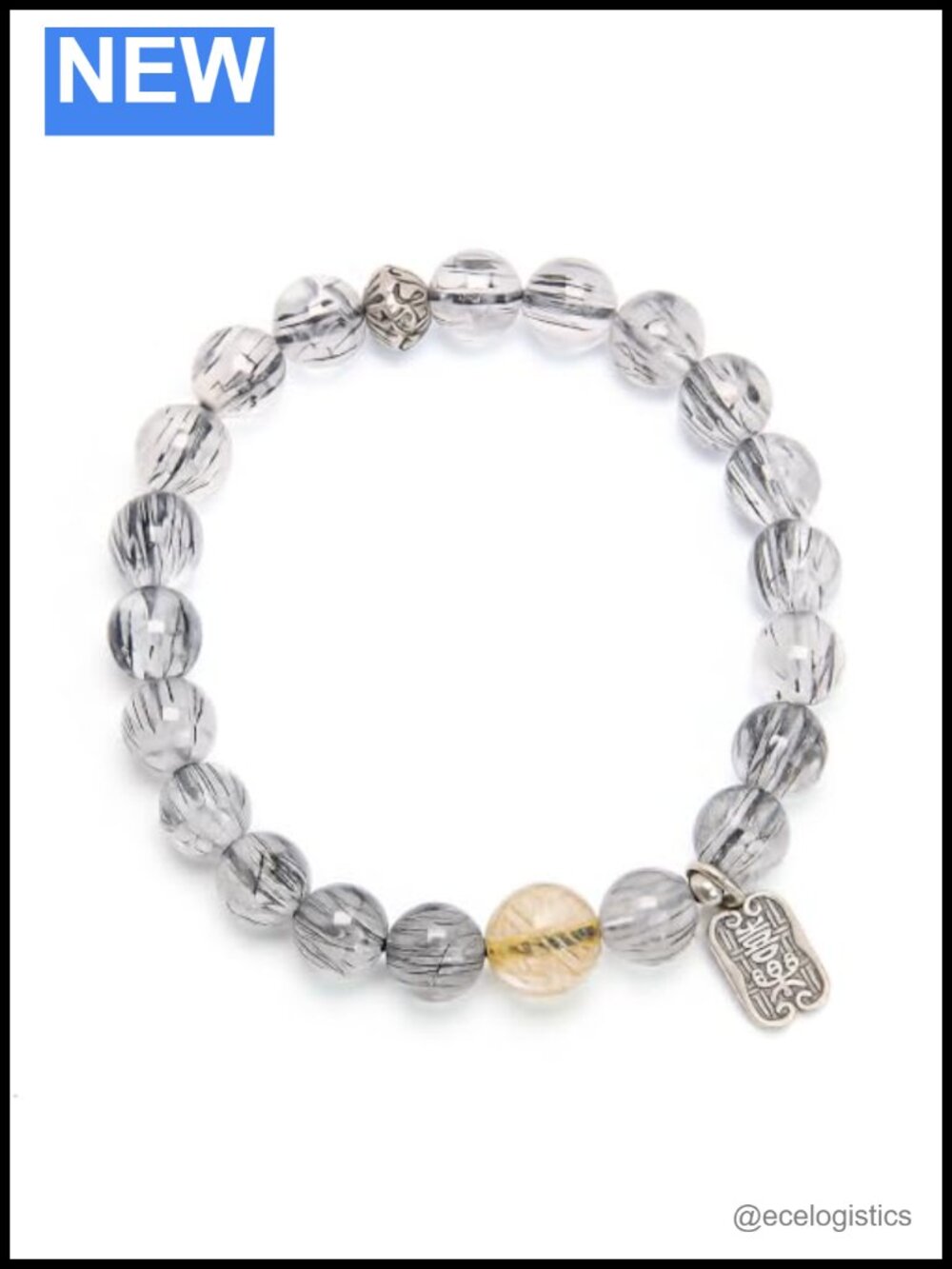 Natural Black Rutilated Quartz Stretch Bracelet Sterling Silver Charm